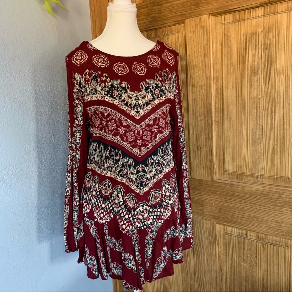 Free People Red & Black Backless Long Sleeve Dresstop